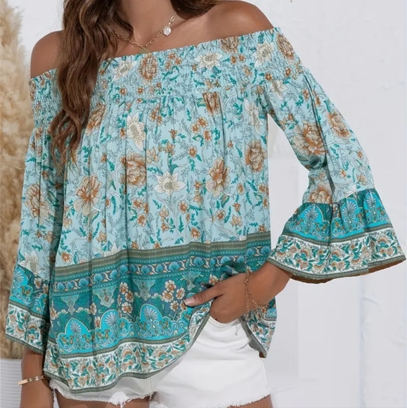Boho floral off shoulder blouse Teal - Picture 4 of 7